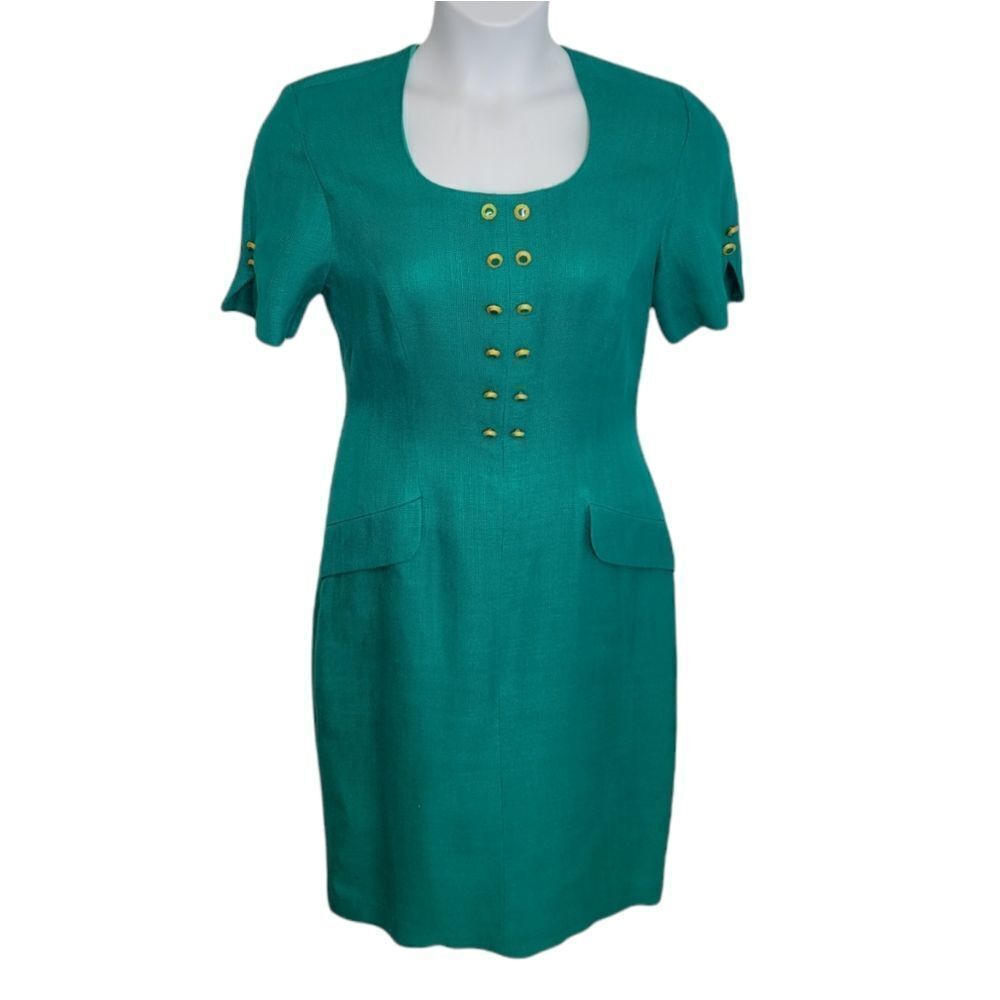 VINTAGE 80s dress teal‎ short sleeve woven  secretary with gold buttons S